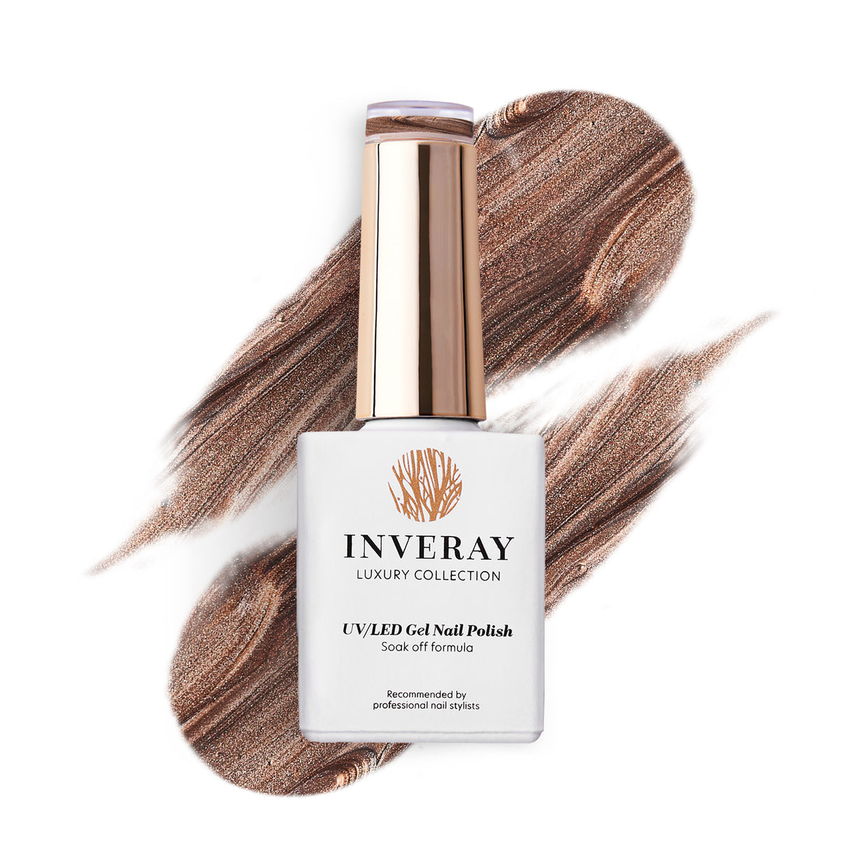 Frasco de verniz gel Inveray 324 Smoked Truffle com amostra chocolate cintilante