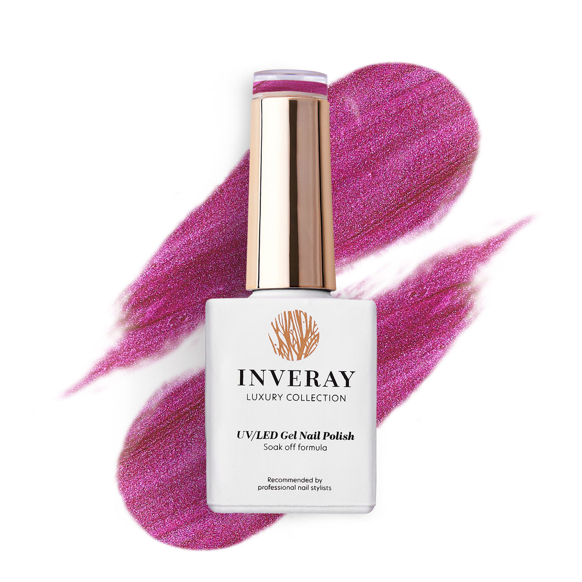 Frasco de verniz gel Inveray 319 Dusty Mulberry com amostra magenta cintilante