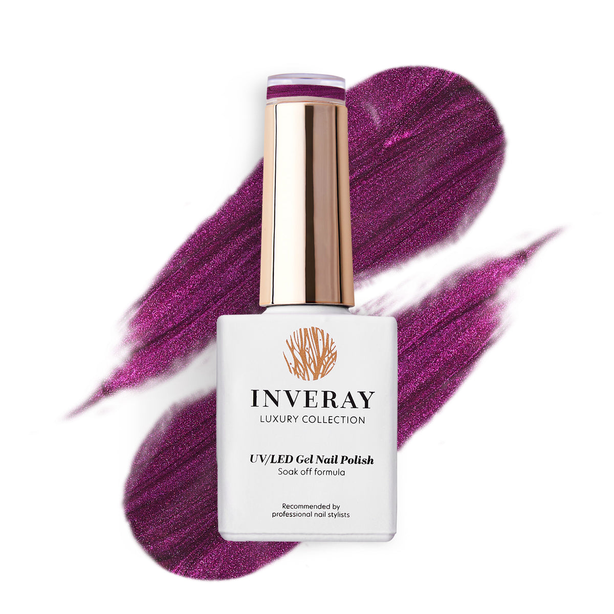 Frasco de verniz gel Inveray 320 Royal Plum com amostra ameixa cintilante