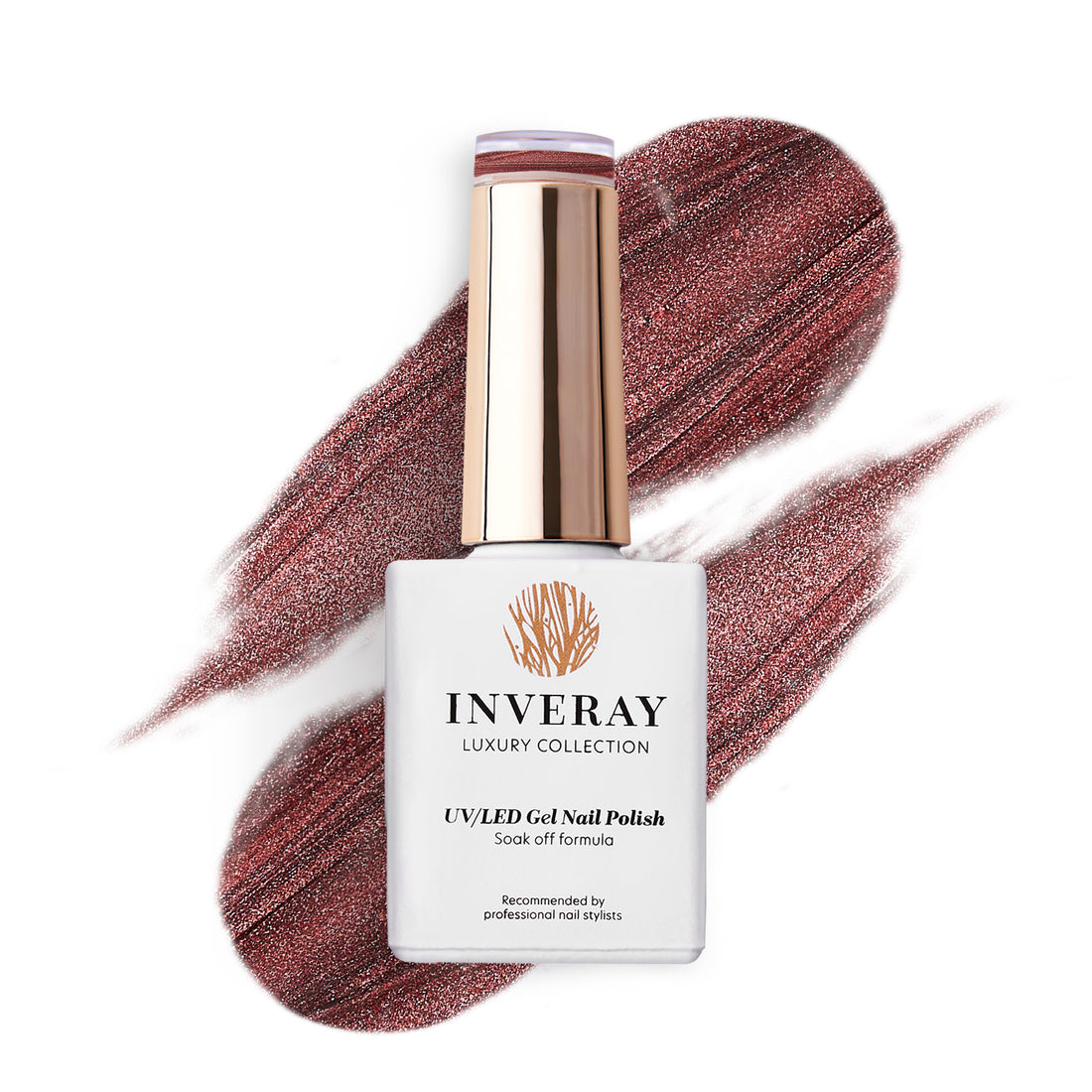 Frasco de verniz gel Inveray 321 Burnished Cedar com amostra vermelho-cobre cintilante