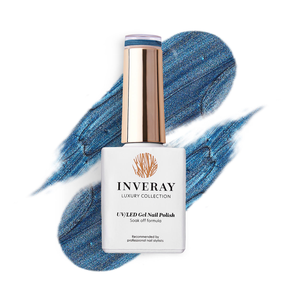 Frasco de verniz gel Inveray 325 Blue Haze com amostra azul cintilante